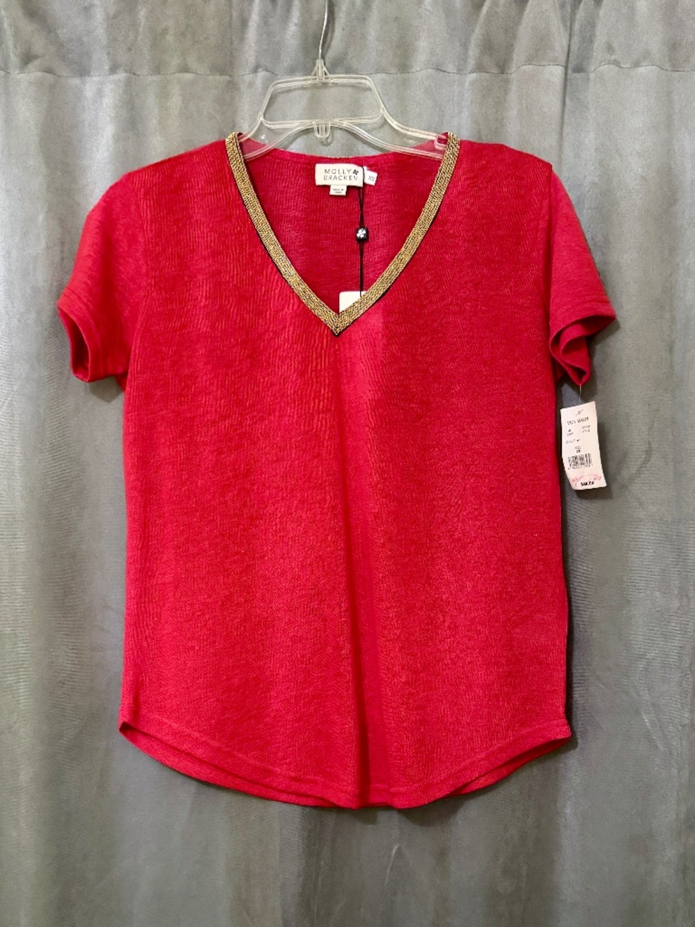 Molly Bracken Red V-Neck Knit Top with Gold embellishments XS